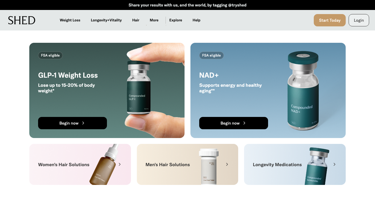 Shed website homepage showing GLP-1 weight loss products