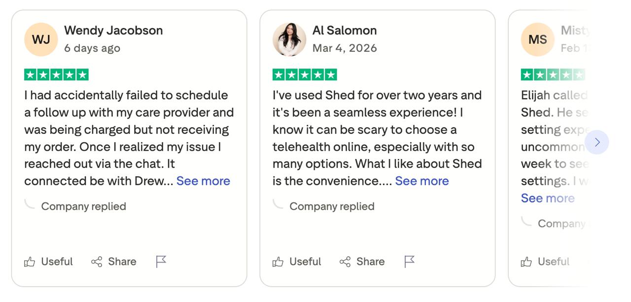 Shed customer reviews on Trustpilot showing 5-star ratings