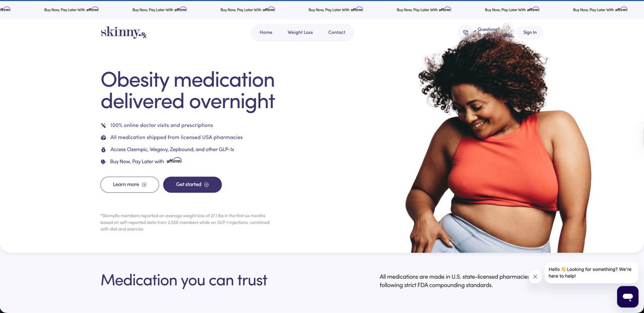 SkinnyRx telehealth weight loss service homepage